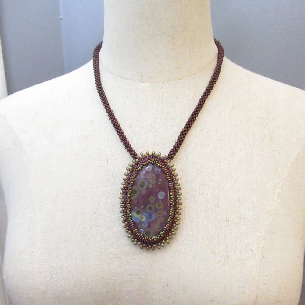 Bead Embroidered Cabochon Necklace